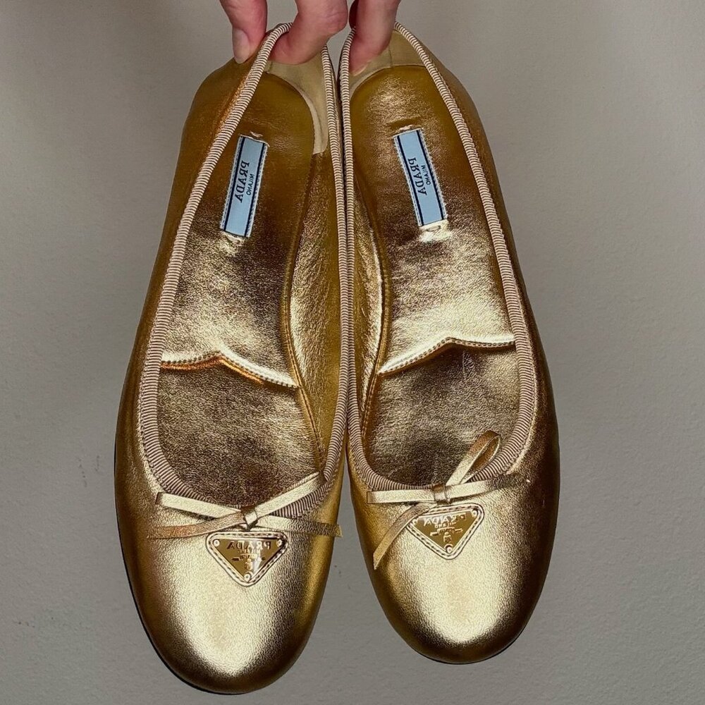 Prada Gold Logo Ballet Flats